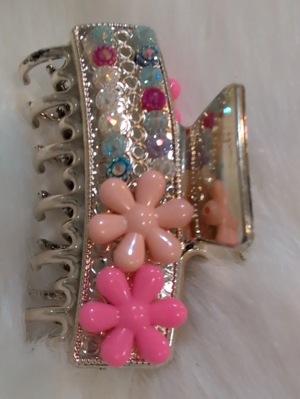 Pink Flower Rhinestone Gold Toned Hair Clip